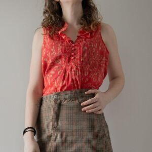 Red floral cotton Sleeveless Ruffle retro twee women's summer work top